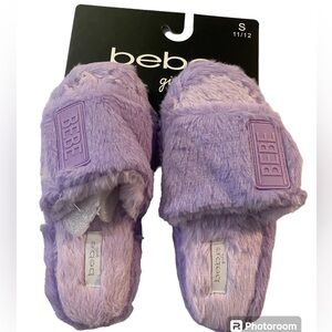 Bebe Girls‎ Purple Faux Fur Slides Slippers Logo Patch Size 11/12 NEW